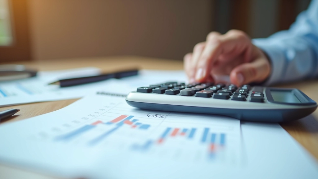 Taschenrechner mit Finanzzahlen und Steuerdokumenten auf dem Schreibtisch