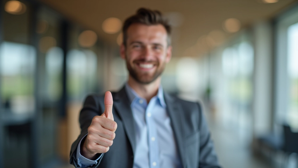 Glückliche Person zeigt Daumen nach oben mit Finanzdiagrammen im Hintergrund