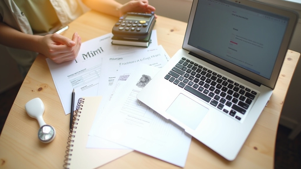Arbeitsplatz mit Laptop, Notizbuch und Finanzunterlagen auf dem Schreibtisch
